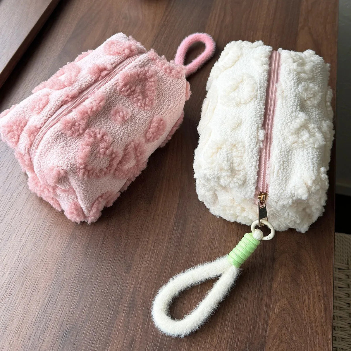 Fluffy Cloud Plush Love Print Cosmetic Pouch