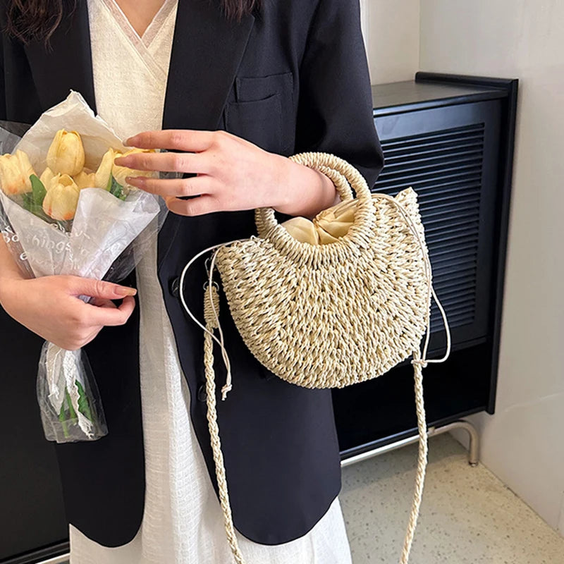 Bohemian Halo Woven Half-Moon Beach Tote Bag