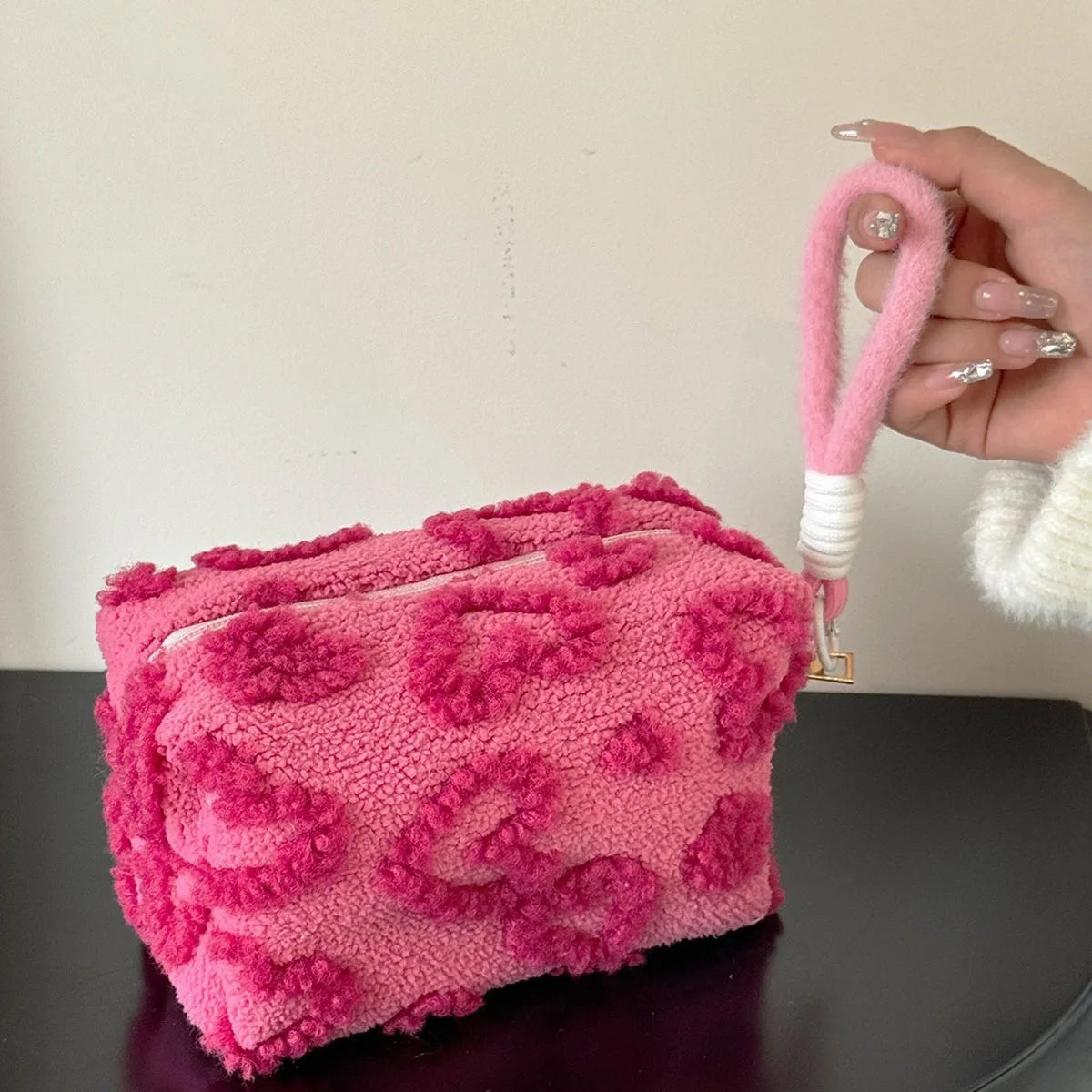 Fluffy Cloud Plush Love Print Cosmetic Pouch