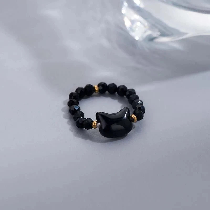Cat Lover's Natural Moonstone Obsidian Ring