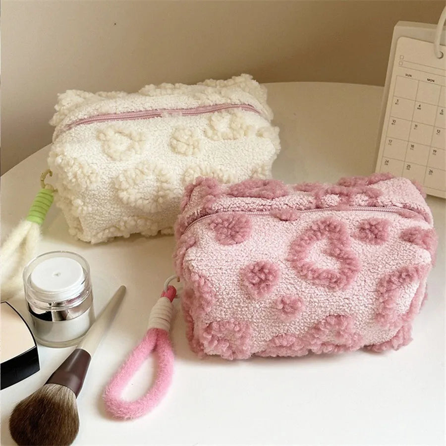 Fluffy Cloud Plush Love Print Cosmetic Pouch