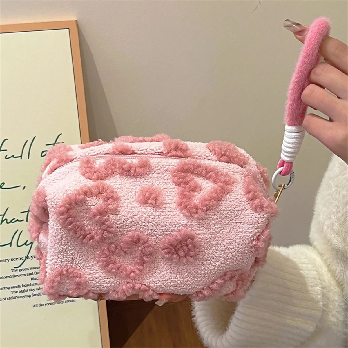 Fluffy Cloud Plush Love Print Cosmetic Pouch