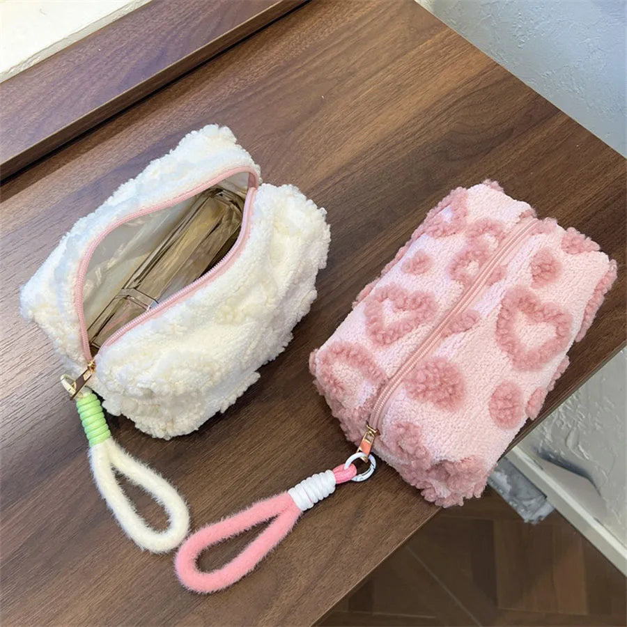 Fluffy Cloud Plush Love Print Cosmetic Pouch