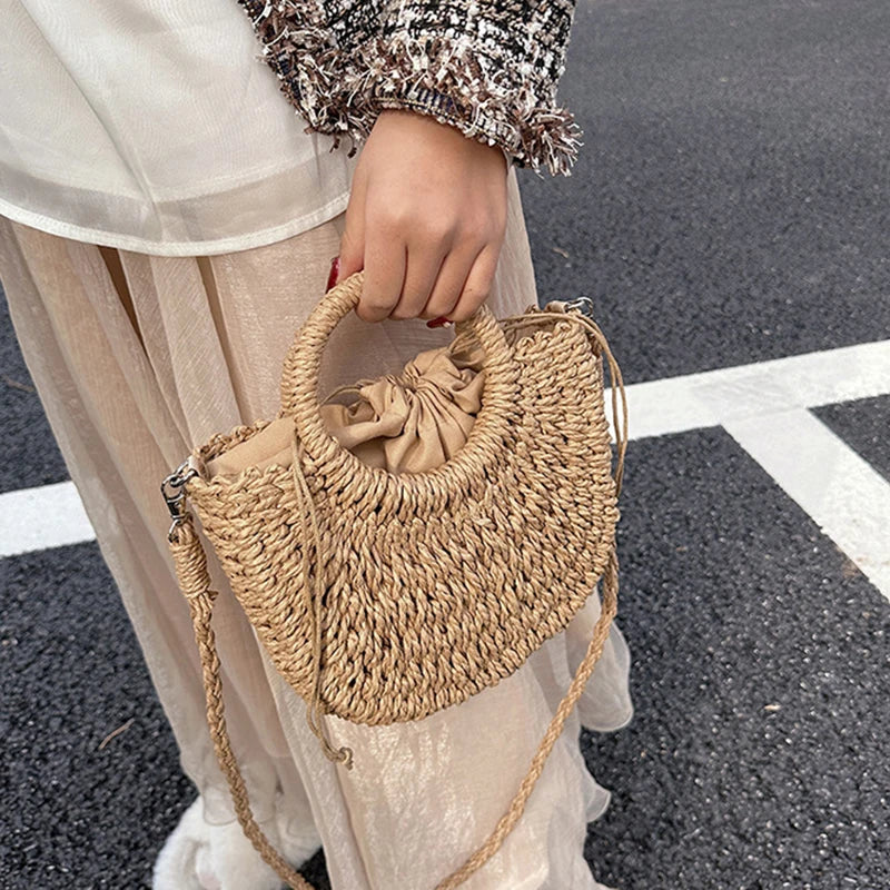 Bohemian Halo Woven Half-Moon Beach Tote Bag