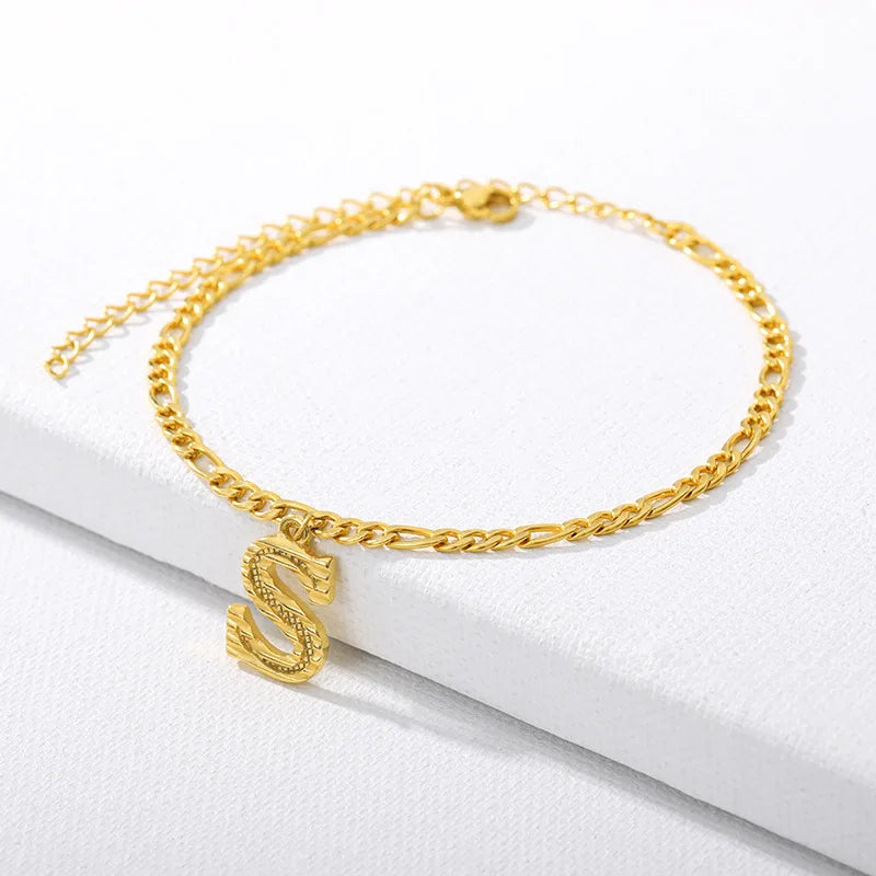 Vintage Golden Alphabet Cuban Charm Anklet