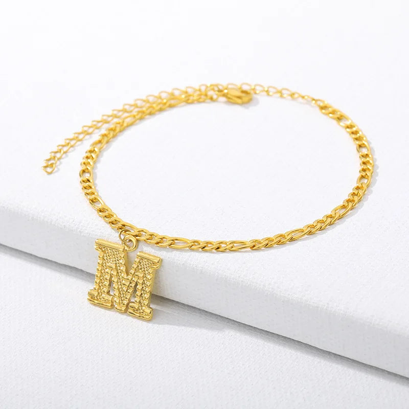 Vintage Golden Alphabet Cuban Charm Anklet