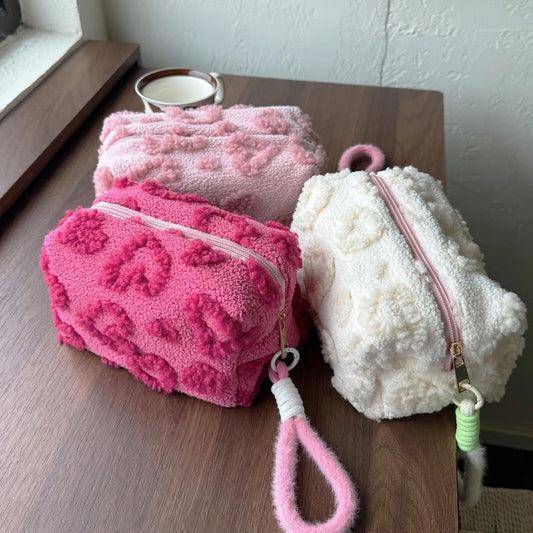 Fluffy Cloud Plush Love Print Cosmetic Pouch