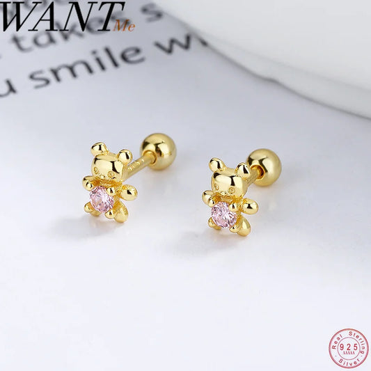 925 Silver Sweet Bear Heart Stud Earrings
