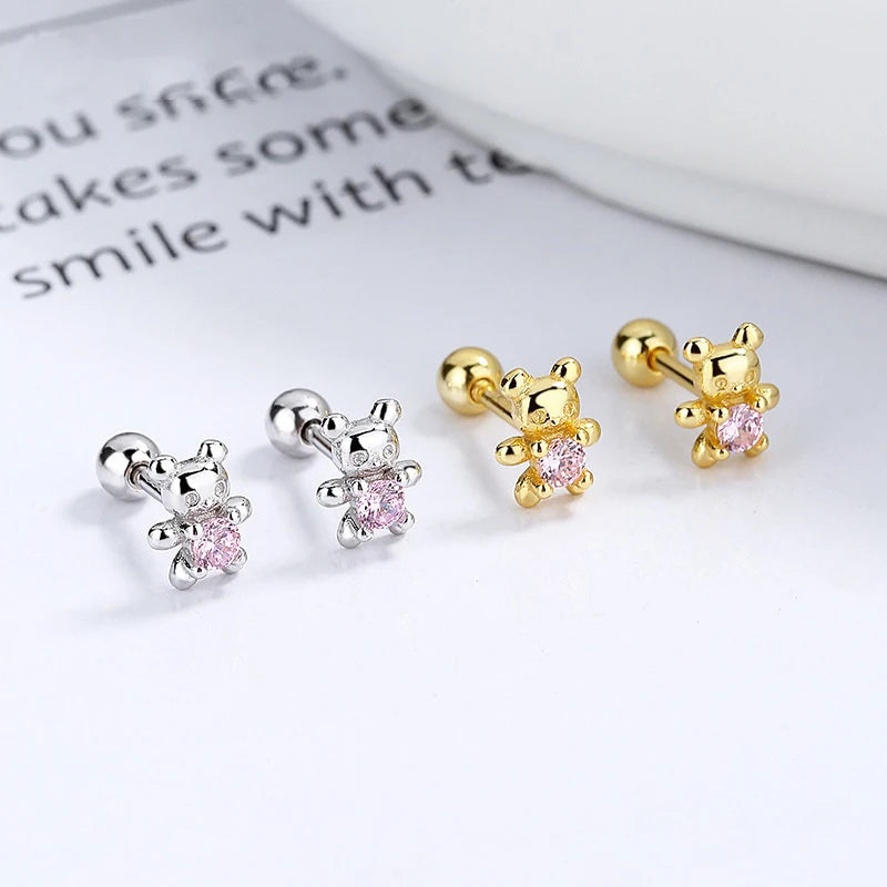 925 Silver Sweet Bear Heart Stud Earrings