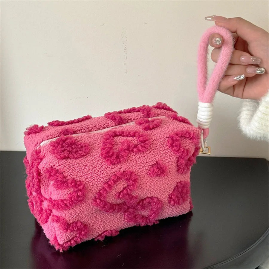 Fluffy Cloud Plush Love Print Cosmetic Pouch