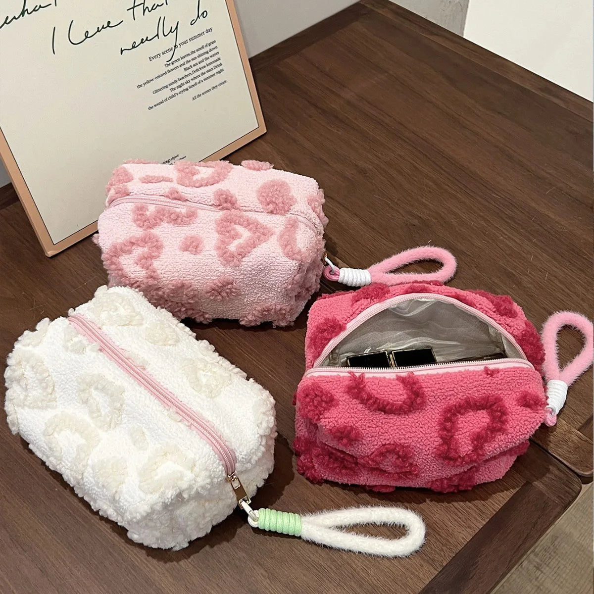 Fluffy Cloud Plush Love Print Cosmetic Pouch