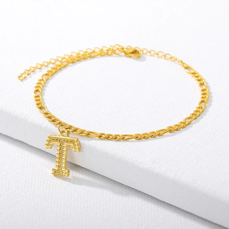 Vintage Golden Alphabet Cuban Charm Anklet
