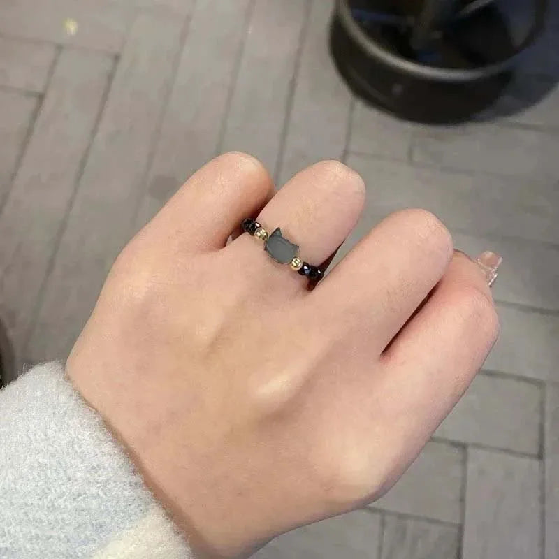 Cat Lover's Natural Moonstone Obsidian Ring