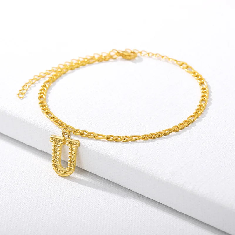 Vintage Golden Alphabet Cuban Charm Anklet