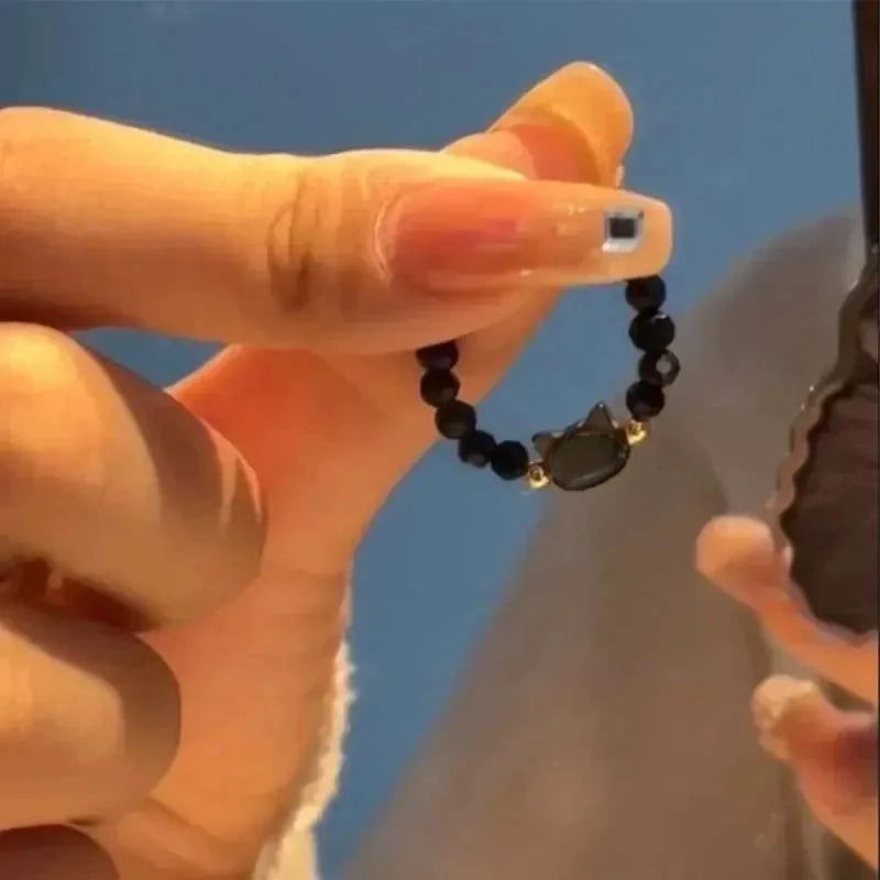 Cat Lover's Natural Moonstone Obsidian Ring