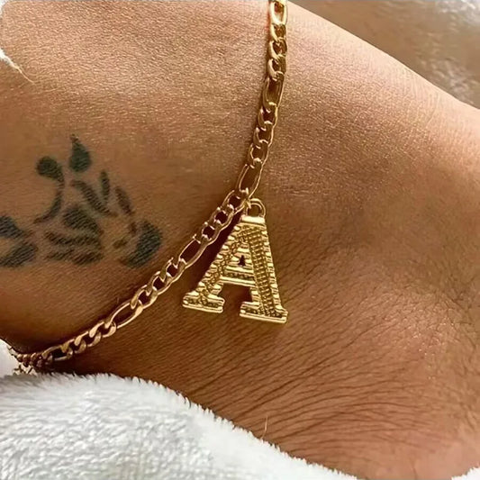 Vintage Golden Alphabet Cuban Charm Anklet