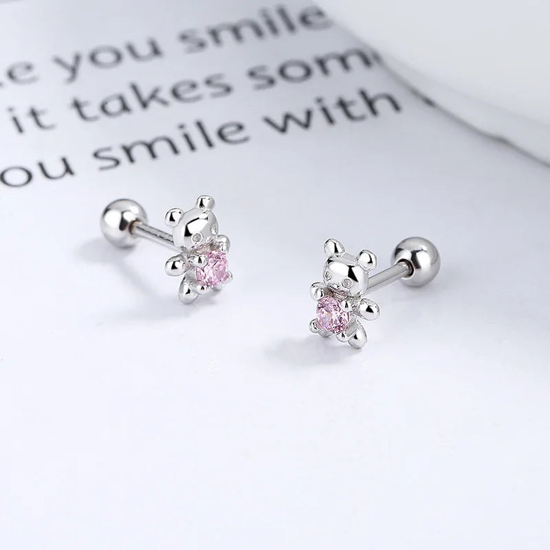 925 Silver Sweet Bear Heart Stud Earrings